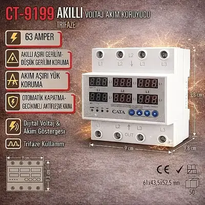 Cata 63 Amper Akıllı Voltaj Akım Koruyucu Trifaze CT-9199