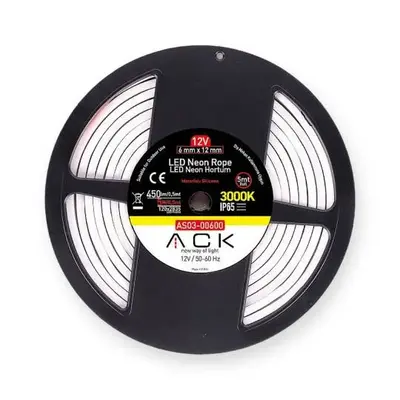 ACK 10W/mt 3000K Günışığı 900 lm/mt Dimlenebilir 12V LED Neon Hortum (25mt Rulo) AS03-00600